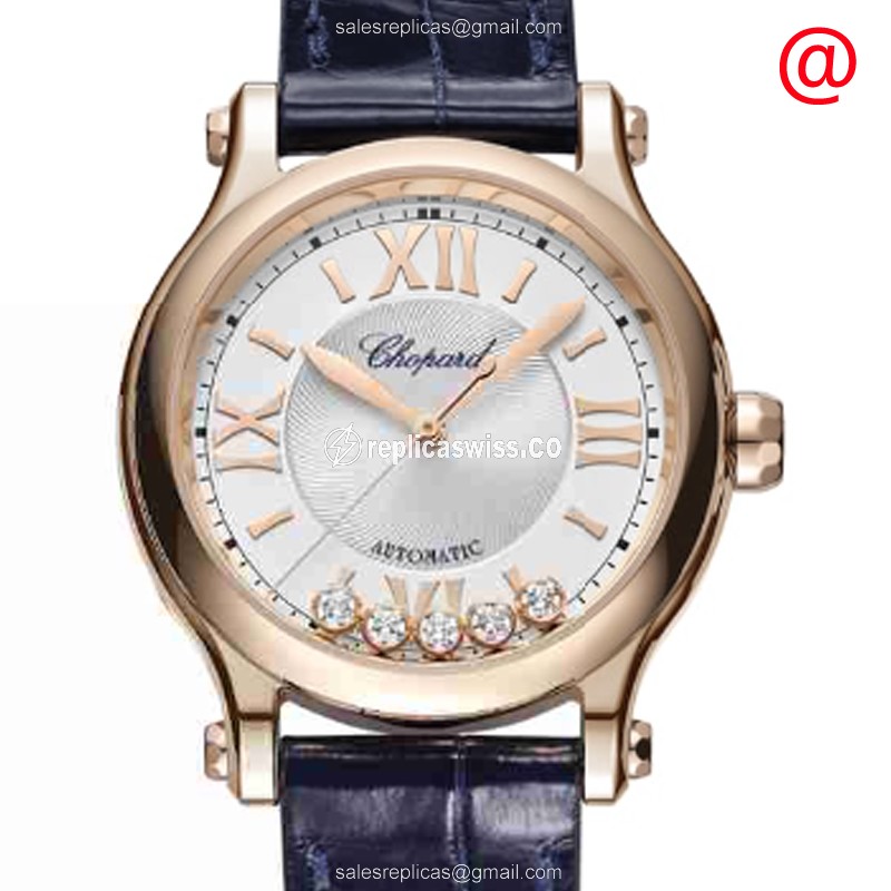 Chopard Happy Sport Replica - Automatic - 18kt Rose Gold - Silver Dial - Blue Alligator Strap - Luxury Replica HAPPY SPORT Watch